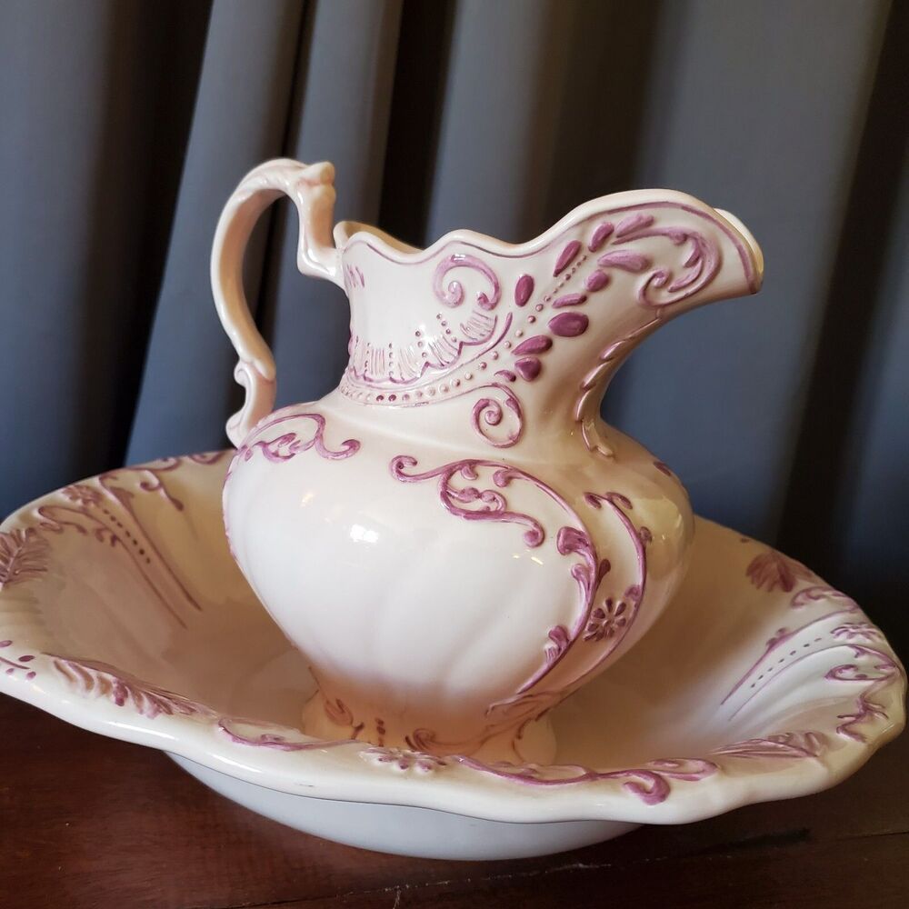 Vintage Antique Handmade Pink Purple Wash Basin & Pitcher Leaves Flowers Swirls